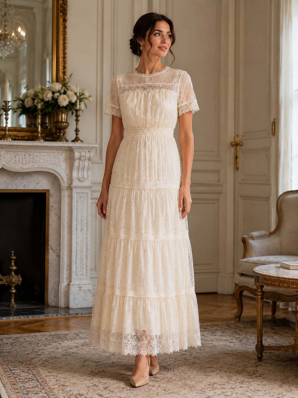 Böhme XL Ivory Gold Swiss Dot Lace Tiered Maxi Dress Boho Cottagecore Romantic